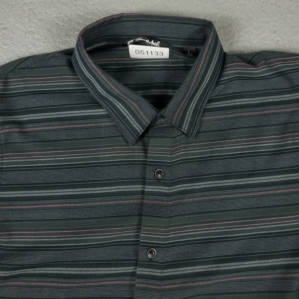 Travis Mathew Shirt Mens Size Large Black Striped Casual Button Up Short Sleeve